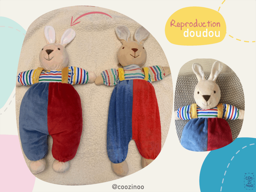 reproduction doudou lapin bleu rouge rayures